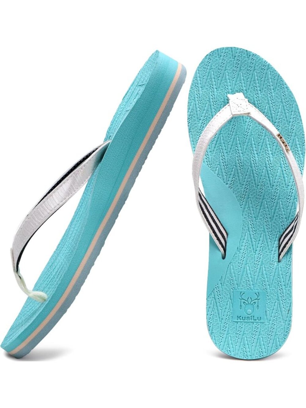 Women's Blue Silver Faux Leather Fashion Flip Flops Ladies Lightweight Sandals